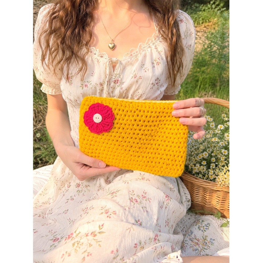 Handmade Crochet Zipper Bag Yellow Pink Flower Clutch Cosmetics Boho Cottagecore